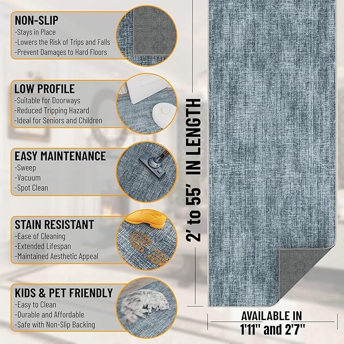 Ottomanson Aisle Runner Rug 2'7" x 44' – Soft Non-Slip Rug, Low Pile Carpet for Hallways, Events, Churches & Extra-Long Indoor Spaces, Solid Greyish Blue