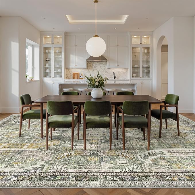 befbee 9x12 Area Rug,Ultra-Thin Washable Rugs for Living Room,Non-Slip Lightweight Foldable Area Rug,Stain Resistant Vintage Large Rugs (Green/Gold, 9'x12')