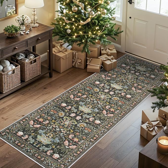 2x6 Washable Hallway Runner Rug: Vintage Floral Kitchen Rugs with Non-Slip Backing Low Pile Water Resistant Carpet for Living Room Bedroom Soft Floor Mat for Bathroom Laudry Dining Room(2x6,Green)