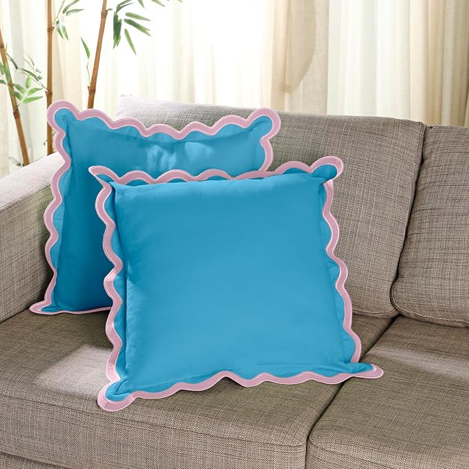 Folkulture Throw Pillow Covers 20x20 Set of 2 | Cotton, Cute Blue Pillow Covers for Couch | Aesthetic, Preppy Scalloped Decorative Pillows for Living Room Décor, Hannah Montana Party Decorations