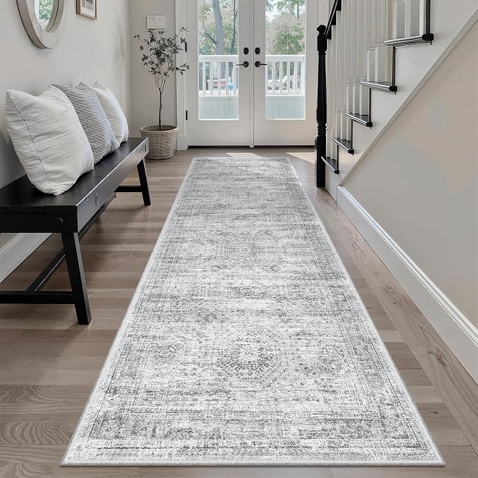 Soalmost Washable Runner Rug, 2'6" x 8' Non-Slip Kitchen Vintage Foldable Hallway Runners for Entryway, Laundry, Bedroom, Grey
