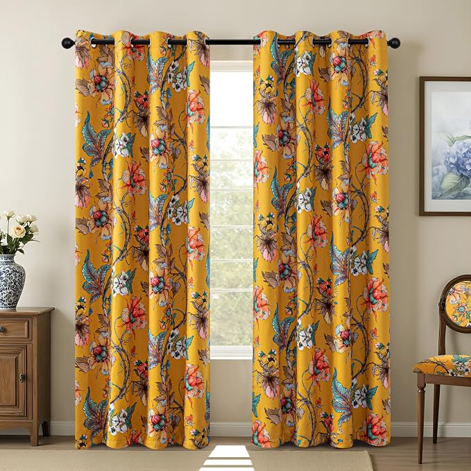 MYSKY HOME Yellow Floral 95% Blackout Curtains 90 Inch Long Bedroom Black Out Thermal Insulated Noise Reducing Drapes Flower Printed Cottagecore Style Grommet Window Treatment Living Room, Pack-2