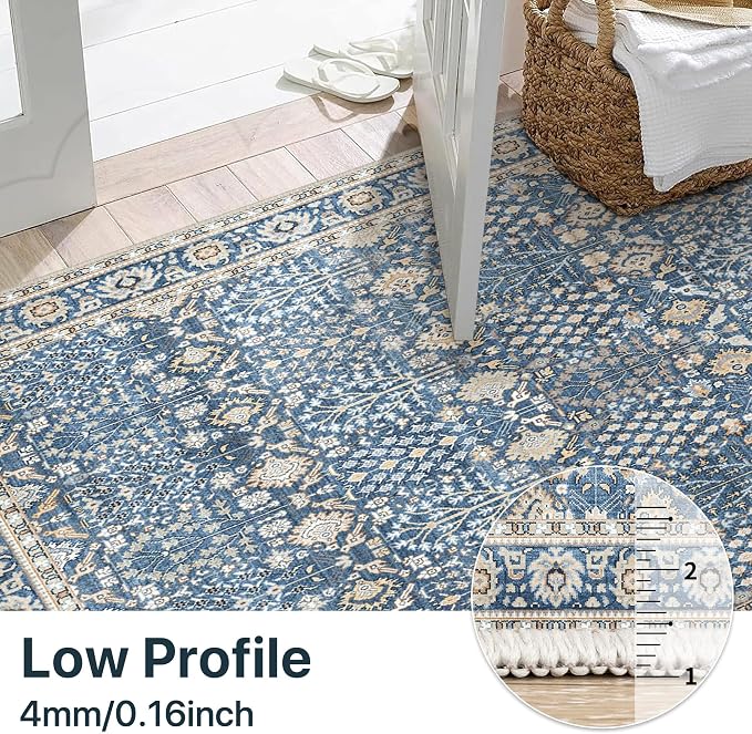Bavni Washable Rugs 10x14 Machine Washable Rug Lightweight Low Pile, Vintage Floral Rug Non-Shedding Distressed Throw Carpet for Living Room Bedroom Office,Lake Blue