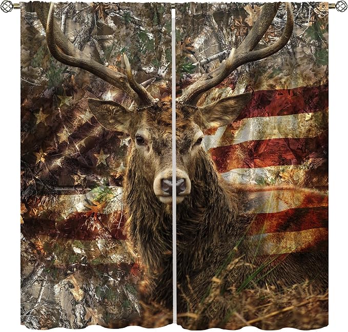 Vintage Bear Blackout Curtains for Kitchen Vintage Country Farmhouse Camouflage Forest Hunting Cabin American Flag Wild Elk Animal Windows Treatments for Bedroom Living Room 52x84in