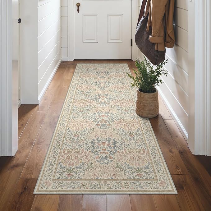 GENIMO 2.5x8 Washable Hallway Runner Rug, Non Slip, Beige Pink | Vintage Boho Floral Low Pile Thin Mat for Entryway, Kitchen, Bedroom, Indoor Decor