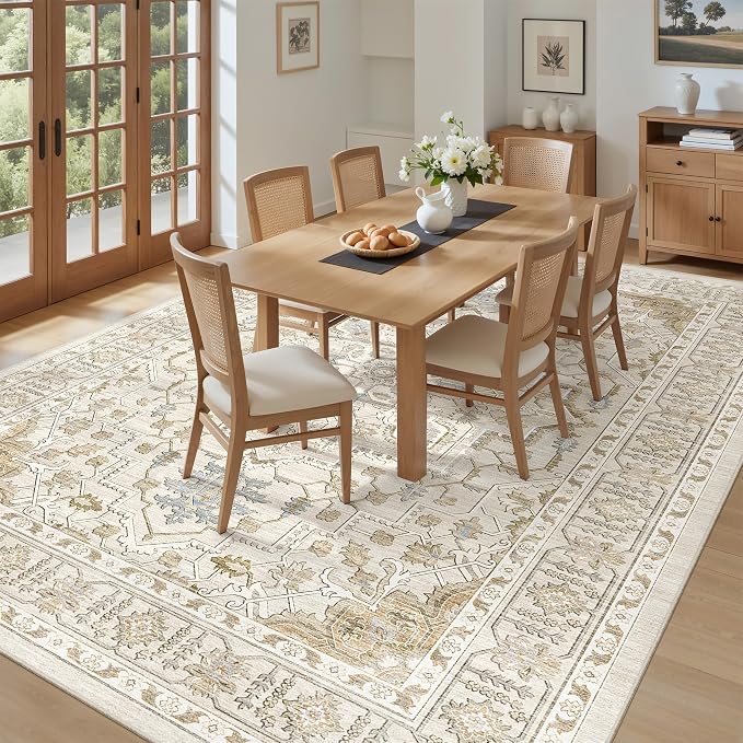 befbee 8x10 Area Rug for Living Rooms, Stain Resistant Neutral Washable Rugs for Dining Rooms, Floral Vintage Non-Slip Thin Large Size Area Rugs(Beige)