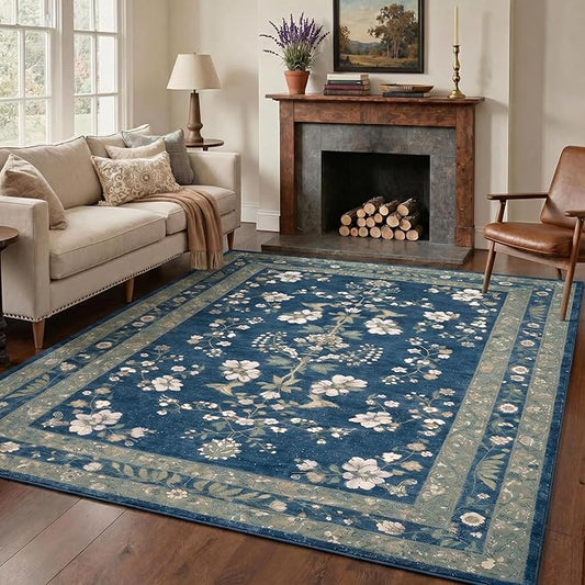 GENIMO 5x7 Area Rugs for Living Room, Machine Washable Non Slip Vintage Rugs, Low Pile Lightweight Chenille Print Rug for Bedroom, Dining Room, Home Office, Dusty Navy