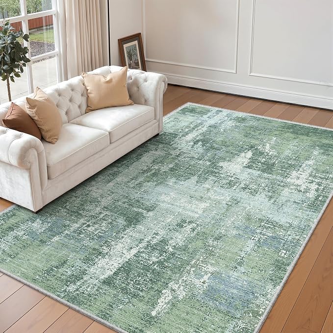 Valenrug Washable Rugs 5x8 - Stain Resistant 5x8 Area Rugs for Living Room, Non Slip Backing Abstract Rugs for Bedroom, Folable Machine Washable Area Rug(5'x8', Sage Green)