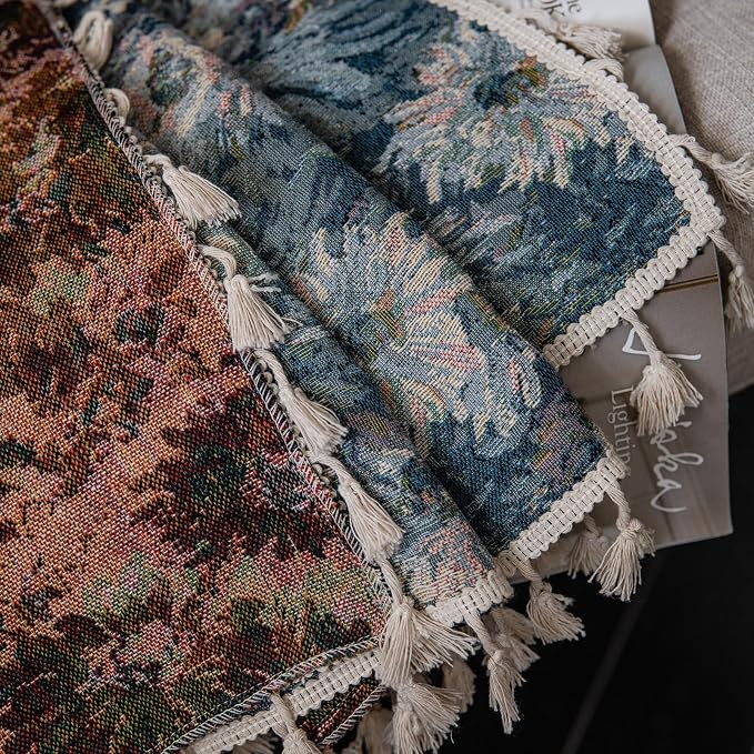 ENJOYBRIDAL Boho Jacquard Curtains 63 Inch Length 2 Panels Blue Floral Drapes for Living Room Farmhouse Semi Sheer Rustic Rod Pocket Window Curtain Panels with Tassel Bedroom Window Treatments