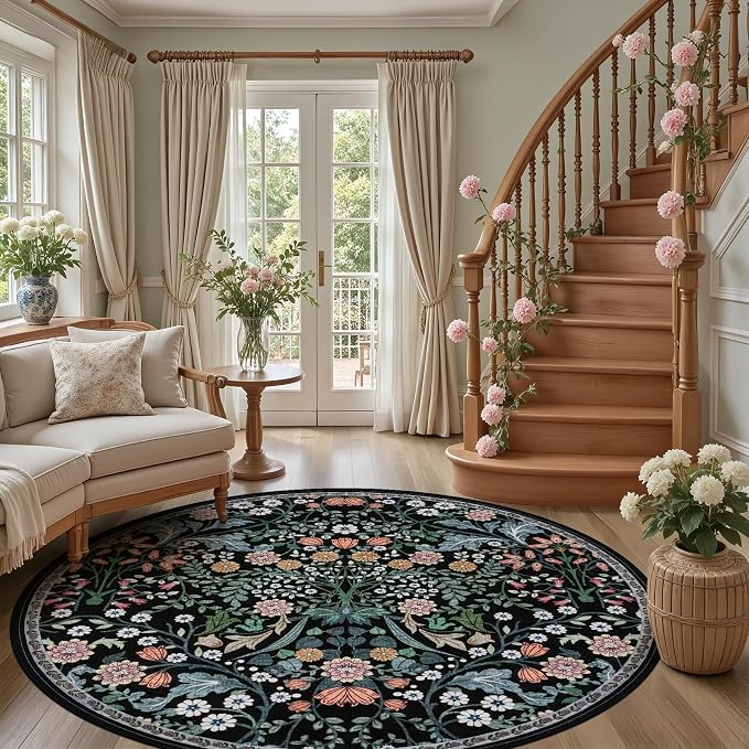 Round Area Rug for Living Room: 8 ft Floral Washable Circle Rug Soft Boho Non-Slip Carpet Indoor Floor Stain Resistant Low Pile Small Circular Rug for Bedroom Entryway Kitchen Nursery Dark Black