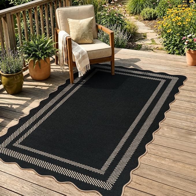 LIVEBOX Scalloped Easy Jute 3x5 Outdoor Rug, Black Washable Rugs for Entryway Kitchen, Indoor Outdoor Farmhouse Neutral Rug Modern Carpet Door Mat Area Rug for Patio Bedroom Living Room Porch Entry