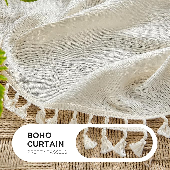 Joydeco Natural Linen Beige Boho Curtains - 84 Inch Length 2 Panels, Super Soft Bohemian Farmhouse Curtains with Tassels, Semi Sheer Light Filtering Drapes for Bedroom & Living Room