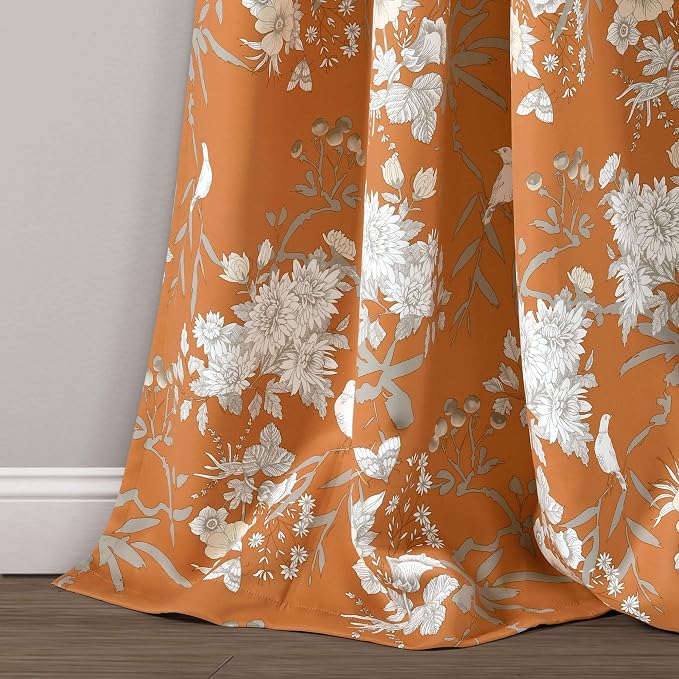Lush Decor Botanical Garden Curtains Floral Bird Print Light Filtering Window Panel Drapes Set for Living, Dining, Bedroom (Pair), Orange, 52"W x 84L"