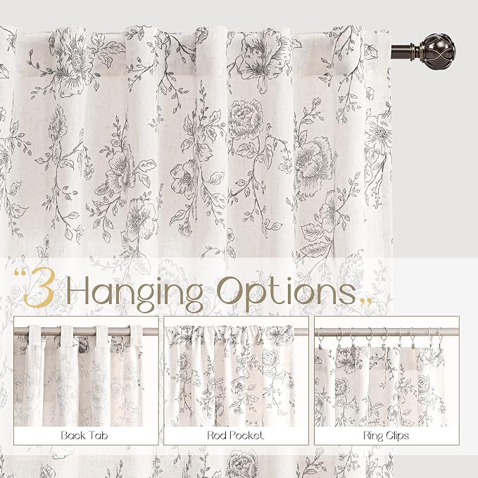 Floral Linen Curtains 80 inch length 2 panels for Dining Room Neutral Cream Black Pattern Printed Curtains Living Room Back Tab Semi Sheer Drapes Vintage Farmhouse French Country Curtain for Bedroom