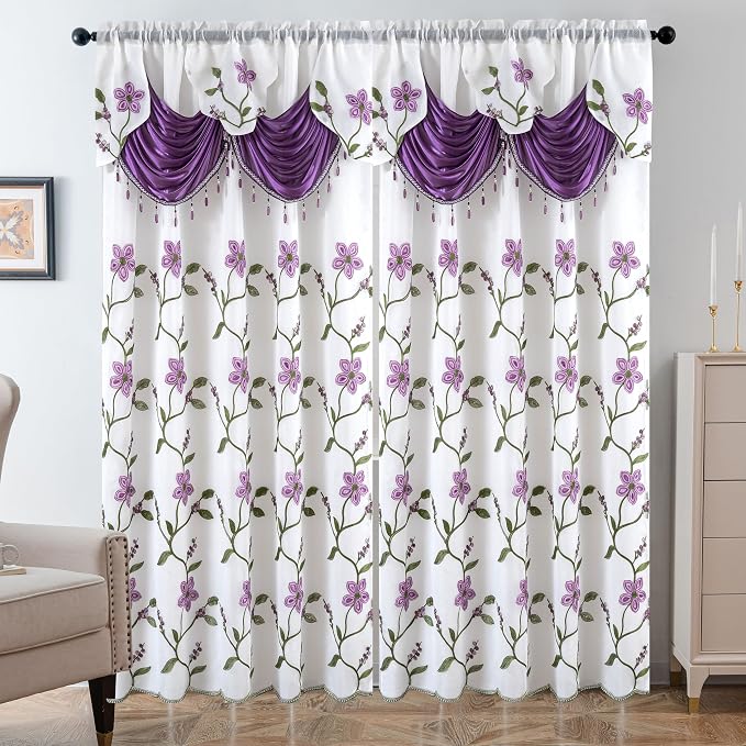 Petrichor Embroidered Sheer Curtain 2 Panels Set - Luxury Window Curtain Attached Valance with Satin Backing and 2 Tie Backs for Living Room,Dining Room, 54x95 inches, Lavender
