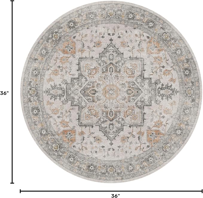 GENIMO 3FT Round Area Rugs for Living Room, Circle Rugs Machine Washable Low Pile, Non Slip Vintage Rug for Bedroom, Dining Room, Home Office, Light Taupe Brown