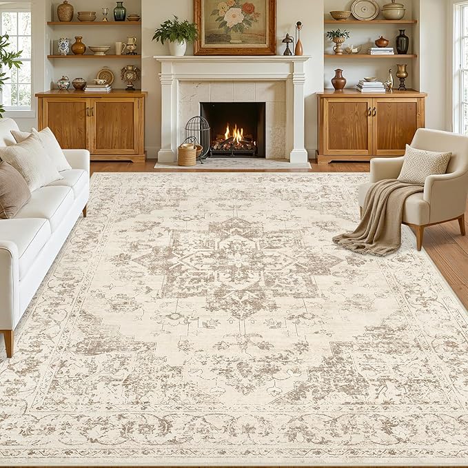10x12 Area Rug for Living Room: Vintage Boho Neutral Washable Rug Indoor Soft Large Area Rug Carpet for Bedroom Nursery Farmhouse Dining Room Office Floor Non-Slip Low Pile Under Table Rug Beige/Ivory