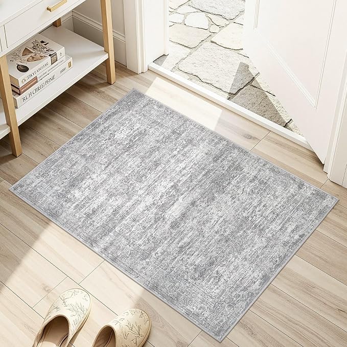 DMOYEST 2x3 Entryway Area Rug: Washable Neutral Modern Abstract Small Rug - Non-Slip Low Pile Throw Indoor Carpet for Entrance Kitchen Front Door Mat Bathroom Entry Kids Room - Vintage Grey