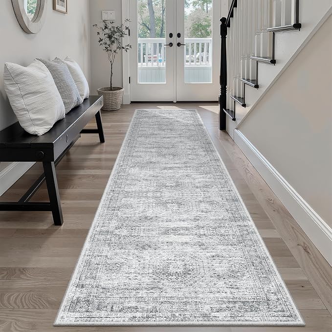 Soalmost Runner Rug 2'x8' Washable Non-Slip Runner Rugs for Kitchen Bathroom Laundry Room Grey Vintage Floor Carpet Runners for Hallway Entryway