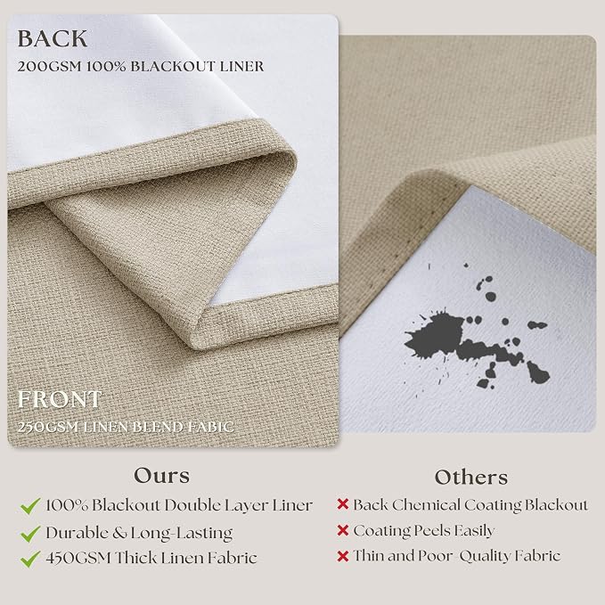 102 Inch Blackout Linen Pleated Curtains for Bedroom Living Room Darkening Pinch Pleat 100% Black Out Thermal Insulated Window Drapes Double Layer Oatmeal Beige 102 Inches Long Curtains 2 Panels Set