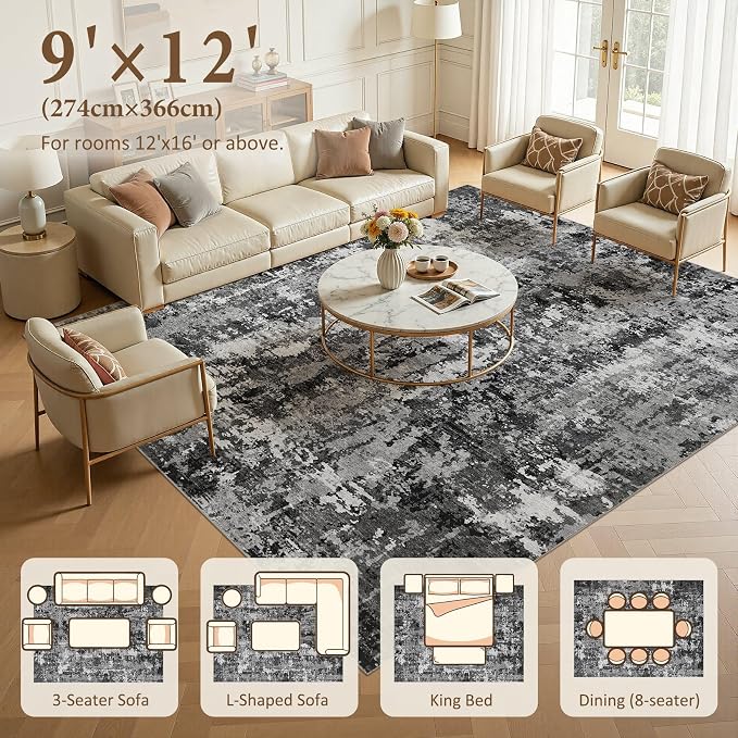 9x12 Area Rug Living Room Rugs: Washable Large Soft Abstract Modern Neutral Rug Stain Resistant & Non-Slip Low-Pile Carpet for Bedroom Dining Nursery Home Office Room Decor - Black