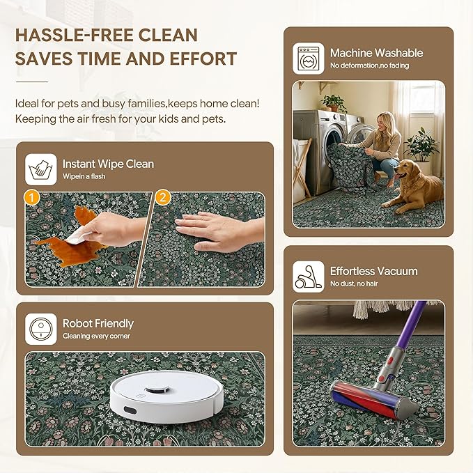 HUGEAR Vintage Floral Machine Washable 9x12 Area Rugs Green Living Room Bedroom Rug Retro Neutral Stain Resistant Non Slip Low Pile Throw Carpet for Home Aesthetic Modern Decor