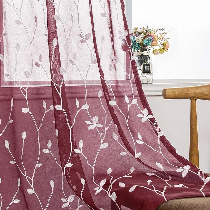 AmHoo 2 Panels Embroidered Leaf Pattern Semi Sheer Curtains Foliage Floral Voile Window Draperies Treatment for Bedroom Living Room Rod Pocket Burgundy Red 53 x 63 Inch