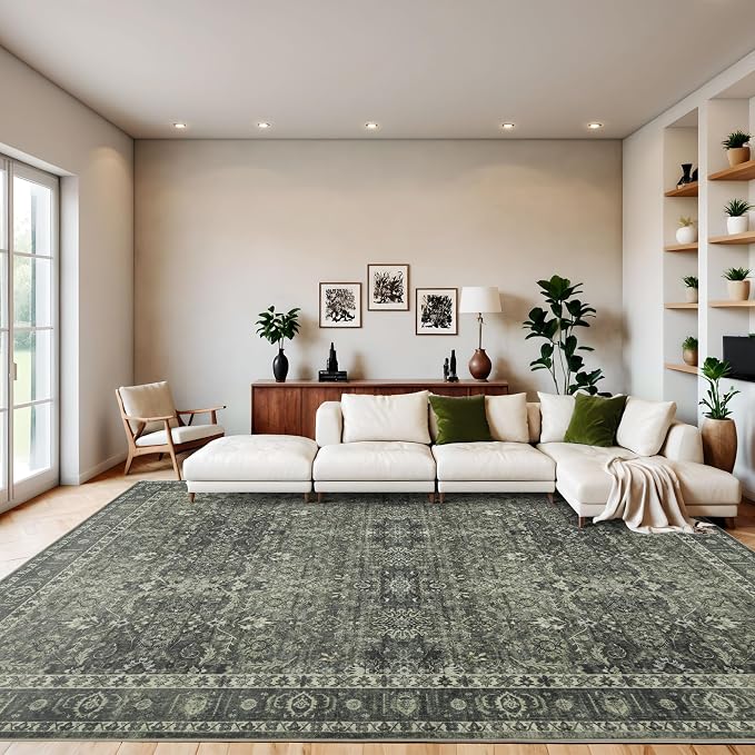 5x7 Vintage Washable Area Rug for Living Room,Low Pile Non Slip Carpet Non-Shedding Area Rug Soft Indoor Stain Resistant Rug Floral Print Mat for Bedroom Dining Room Green Floral