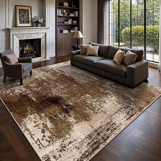 6x6 Area Rugs - Modern Abstract Washable Rug, Ultra Soft Non Slip Low Pile Large Brown Rugs for Living Room, Floor Carpet for Bedroom Dining Room Office Laundry Nursery Home