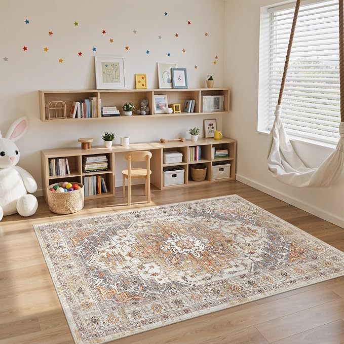 befbee 3x5 Rug, Ultra-Thin Area Rugs for Living Room,Non-Slip Lightweight Washable Rug for Bedroom,Kitchen,Entryway,Stain Resistant Small Carpet (Turmeric/Grey, 3'x5')