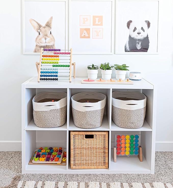 OrganiHaus Cotton Rope Basket for Shelf - Woven Storage Basket for Organizing, Closet & Toy Storage - Brown/Off-White - 15x9x10