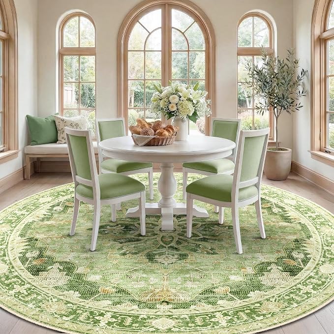 RELEANY Area Rugs Round 10ft Washable Non-Slip, Floral Vintage Distress Medallion Carpet for Living Room Bedroom Dining Room, Sage Green Yellow