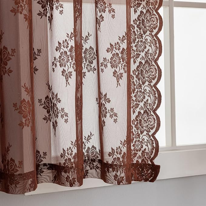 Kotile Warm Brown Sheer Curtains 54 Inche Length 2 Panels W42 x L54 Inch, Country Rustic Floral Brown Colored Lace Curtains for Bedroom, Rod Pocket Privacy Light Filtering Cottage Sheer Lace Curtain