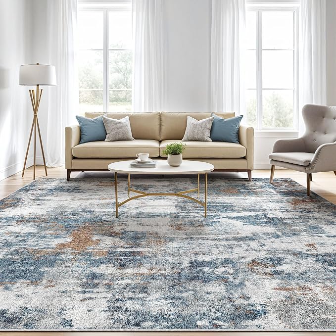 6x9 Area Rugs Living Room: Washable Large Abstract Neutral Modern Soft Rug Stain Resistant Indoor Floor Non-Slip Accent Carpet for Bedroom Nursery Playroom Dining Room Office Dorm Home- Rust Cyan