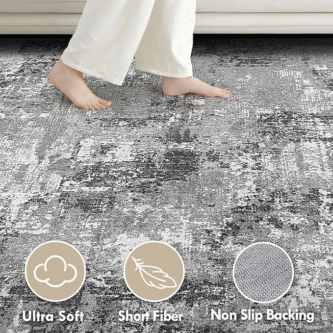 Tortania Washable 9x12 Area Rug for Living Room: Modern Abstract Neutral Large Soft Thin Rugs - Non Slip Indoor Carpet for Bedroom Dining Room Office Nursery Home Floor Decoration - Grey