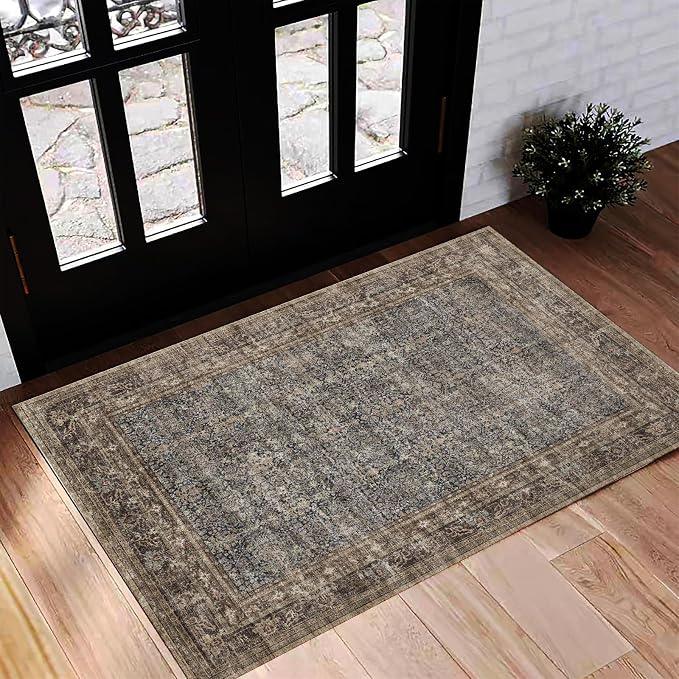 CHAMPLANT Washable Area Rug 2'x3' Door Mat Vintage Distressed Doormat Indoor Entrance Traditional Thin Rug Floral Print Non Slip Carpet for Kitchen Bathroom Bedroom Living Room