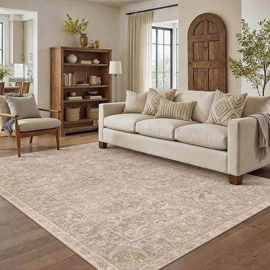 PureCozy Brown 5x7 Area Rug Washable Vintage Living Room Carpet Bedroom Indoor Non Slip Soft Low Pile Thin Stain Resistant Distressed Accent Throw Rug for Dining Office Nursery