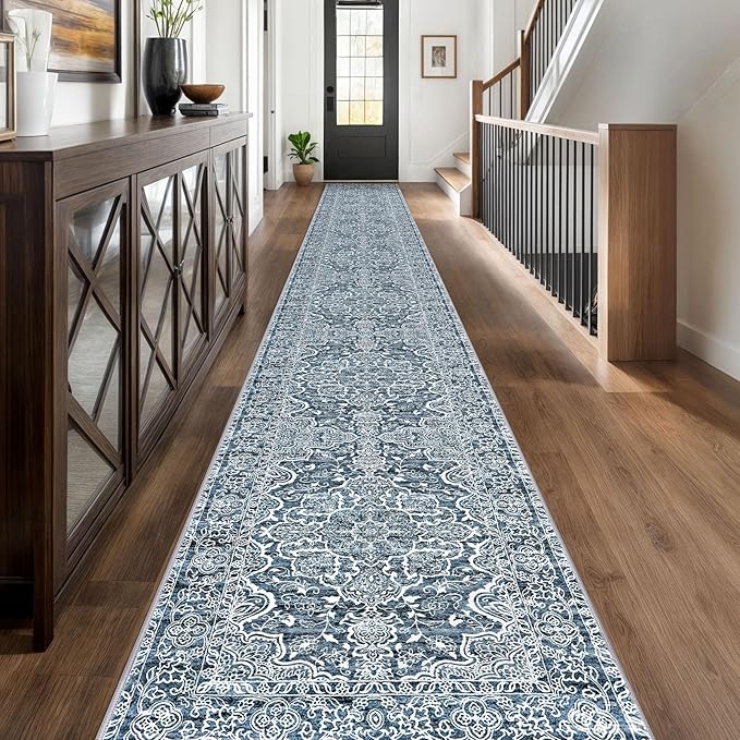 KUTA Extra Long Runners for Hallways 2.6x20ft Non-Slip Washable, Blue White Vintage Kitchen Rug, Stair Runners Indoor Ultra Soft Printed Floral Medallion Carpet for Bedroom Living Room Nursery