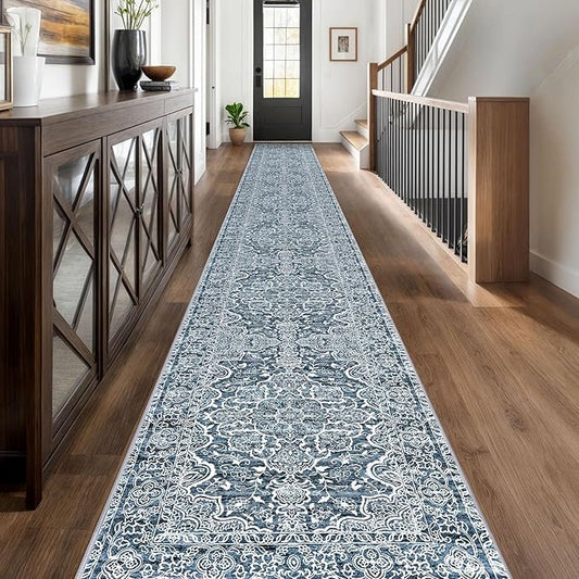 KUTA Extra Long Runners for Hallways 2.6x20ft Non-Slip Washable, Blue White Vintage Kitchen Rug, Stair Runners Indoor Ultra Soft Printed Floral Medallion Carpet for Bedroom Living Room Nursery