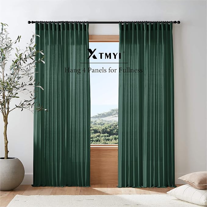 XTMYI Forest Green Curtains 96 Inches Long for Living Room,Light Filtering Back Tab Hooks Pleated Semi Sheer Dark Academia Curtains for Room Decor Bedroom 96 Length 2 Panels
