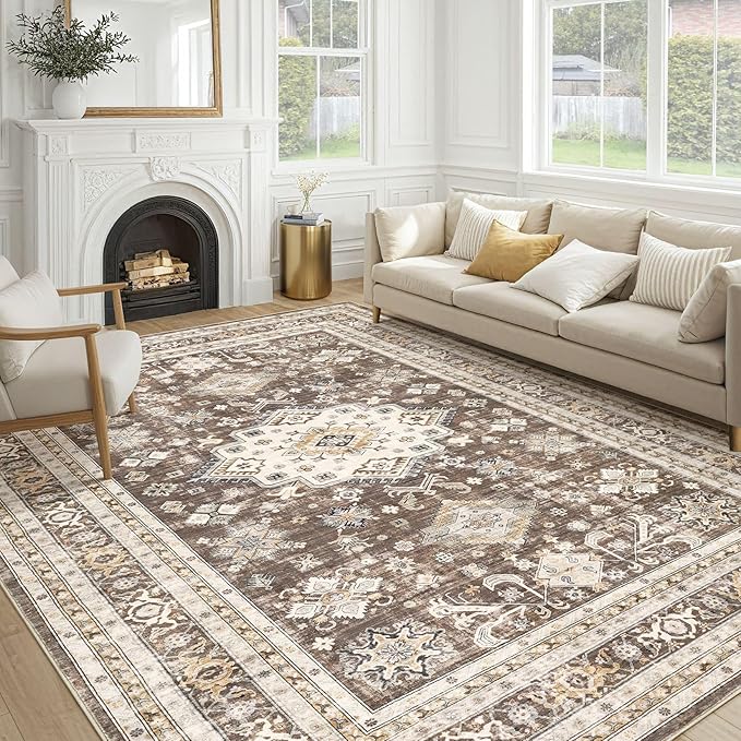 Vintage Living Room Area Rug 10x11 - Large Soft Washable Oriental Traditional Distressed Farmhouse Rugs for Bedroom - Indoor Floor Accent Carpet for Home Office House Decor - Dark Brown