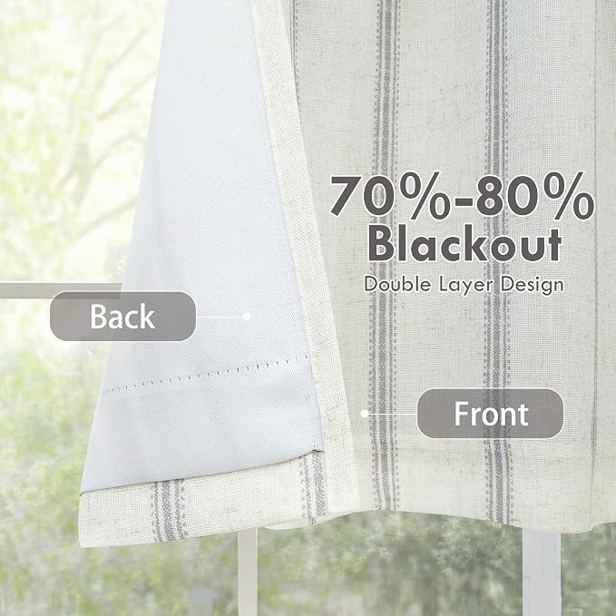 DriftAway Farmhouse Linen Lined Valance Double Layer Thermal Insulated Room Darkening Blackout Window Valances 3 Inch Rod Pocket Vertical Striped Kitchen Valance for Bathroom Single 52 x 18 Inch Gray