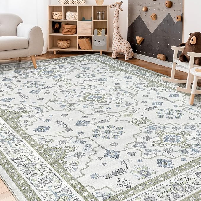 Area Rug 6x9 for Living Room - Washable Oriental Vintage Floral Distressed Large Indoor Carpets with Non Slip Back for Bedroom Dining Room Nursery Office Home Decor -Light Green