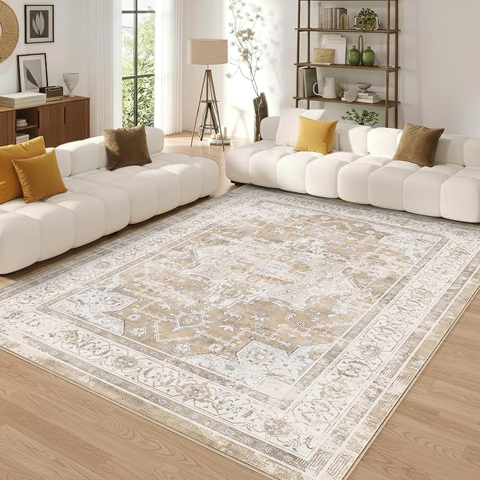 10x14 Area Rug for Living Room-Vintage Farmhouse Boho Floral Neutral Washable Stain Resistant Indoor Carpet for Bedroom Office and Home Decor(Beige&Brown)