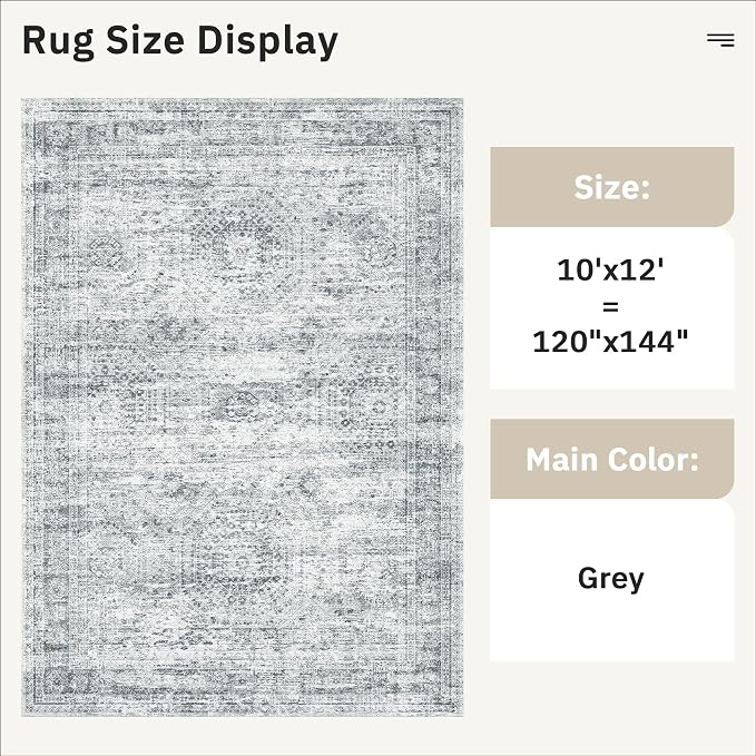 Soalmost Area Rug 10x12 Vintage Washable Living Room Large Gray Carpet Non Slip Bedroom Indoor Office Dining Room Low Pile Thin Rug Grey
