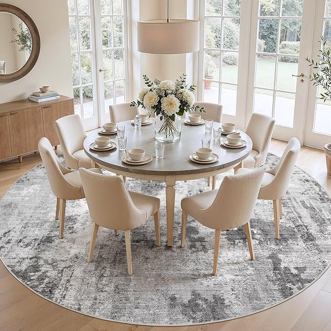 Abstract 12FT Round Rug: Machine Washable Non Slip Ultra Thin Low-Pile Carpet, Soft Stain Resistant for Living Dining Room Bedroom, Kid Pet Friendly, Robot Vacuum Compatible - Grey
