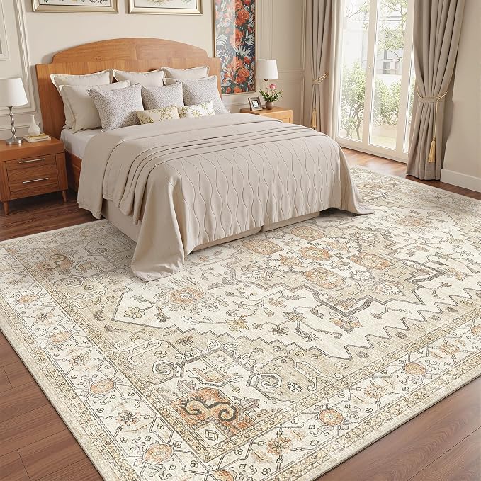 befbee 8x10 Area Rugs for Living Room, Stain Resistant Neutral Washable Rugs for Dining Room, Vintage Non-Slip Thin Large Size Area Rug, Printed Vintage Home Decor Rug(Gold