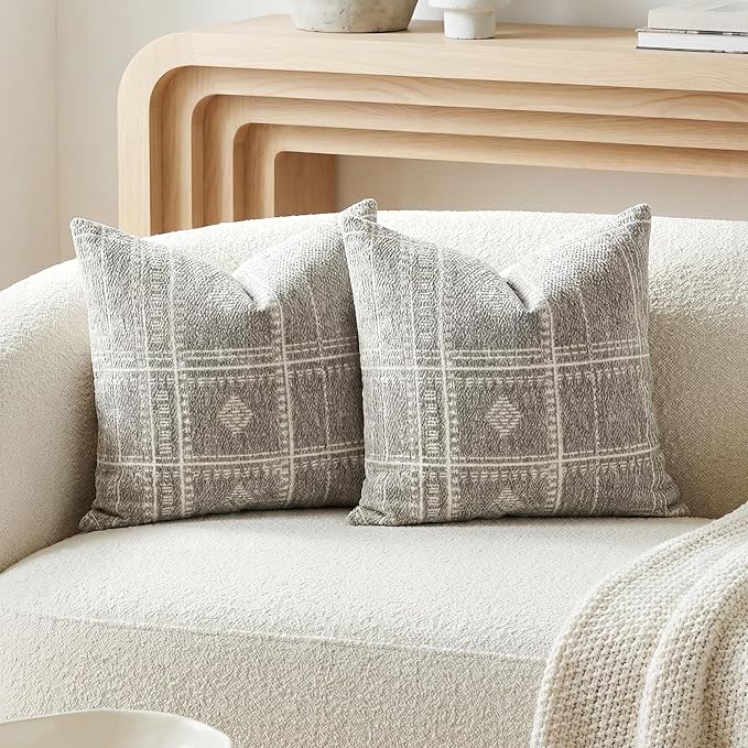 BlissBlush Decorative Throw Pillow Covers 20x20 Set of 2, Boho Light Gray Chenille Accent Throw Pillow Covers for Couch Sofa Bed Living Room Home Décor (Cover Only)