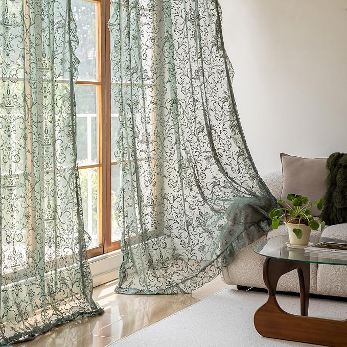 TUDECO Olive Green Sheer Curtains 84 Inch Long - Rustic Country Green Lace Curtains for Living Room Tulle Floral Ruffle Privacy Spring Decor Light Filtering 2 Panels, 59 x 84 Inch