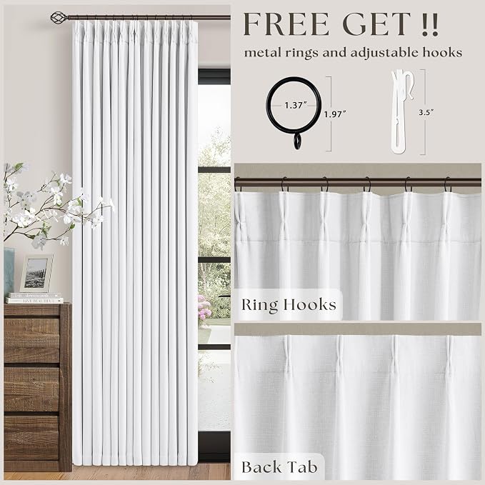 Pinch Pleated Blackout Curtains 102 Inches Long for Bedroom 100% Black Out Thick Linen Dual Layer Pinch Pleat Drapes with Back Tab Farmhouse Country Snow White 102 Inch Curtain for Dining Living Room